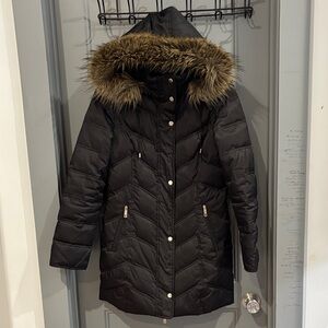 Kenneth Cole Black Puffer Coat with Faux Fur Hood